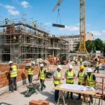 Chantier de construction avec des ouvriers en gilets jaunes et casques, élevant des murs et examinant des plans, métier qui recrute sans diplôme.