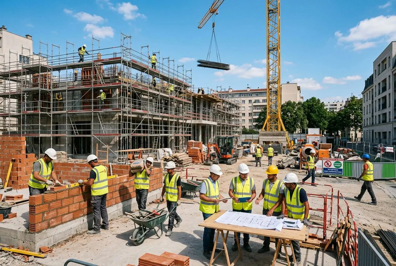 Chantier de construction avec des ouvriers en gilets jaunes et casques, élevant des murs et examinant des plans, métier qui recrute sans diplôme.