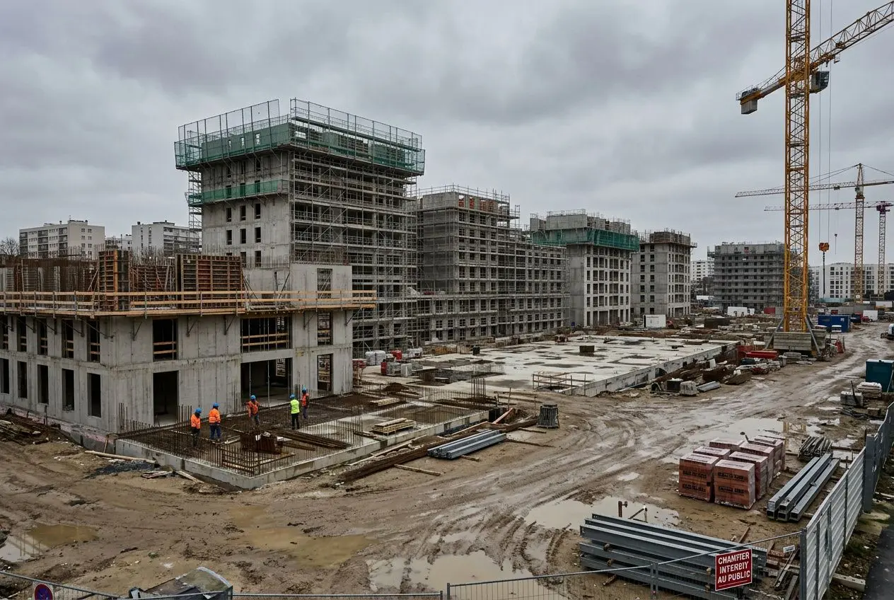 Chantier de construction avec plusieurs immeubles encours, grues et ouvriers en sécurité sur le terrain humide, piles de matériaux et zones de travail visibles. pénurie main d'oeuvre btp.