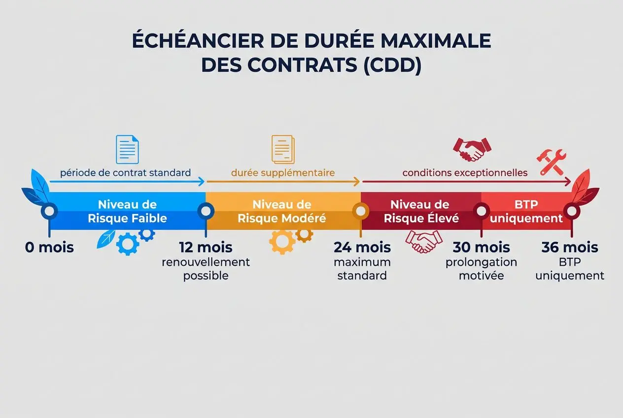 Chronologie d’un contrat à durée déterminée avec niveaux de risque et options: du 0 au 36 mois, renouvellement possible, puis prolongation motivée et BTP uniquement.