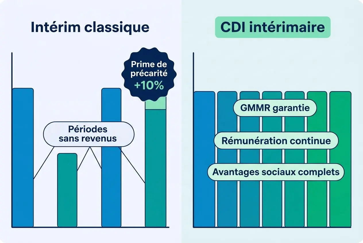 Comparatif CDI intérimaire et intérim classique: graphiques montrant périodes sans revenus et prime de précarité côté classique, et avantages sociaux, rémunération continue et GMMR garantie côté CDI intérimaire. Avantages d'un cdi en intérim visibles.