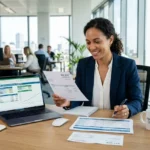 Consultante en bureau moderne examinant un relevé de paie et un CV, avec ordinateur affichant des graphiques, dans un espace de travail lumineux, avantages de l'intérim.