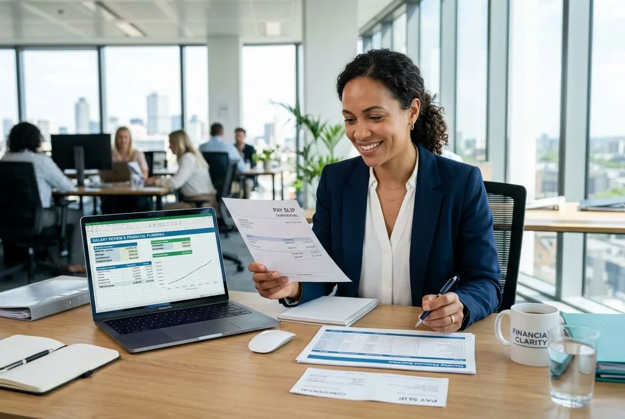 Consultante en bureau moderne examinant un relevé de paie et un CV, avec ordinateur affichant des graphiques, dans un espace de travail lumineux, avantages de l'intérim.