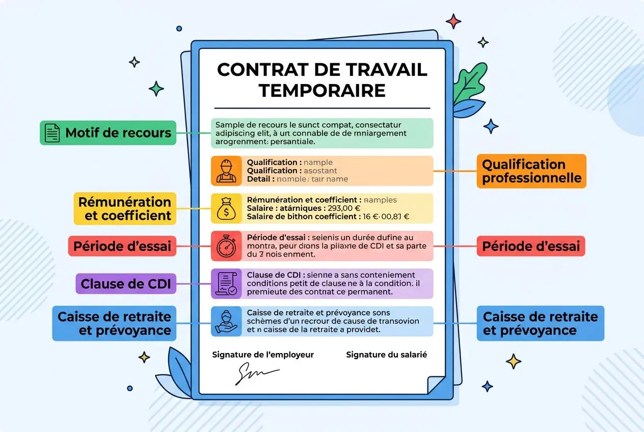 Contrat de travail temporaire illustré : sections couleur montrant les éléments clés et durée d’intérim, rétribution, période d’essai et clauses CDI.