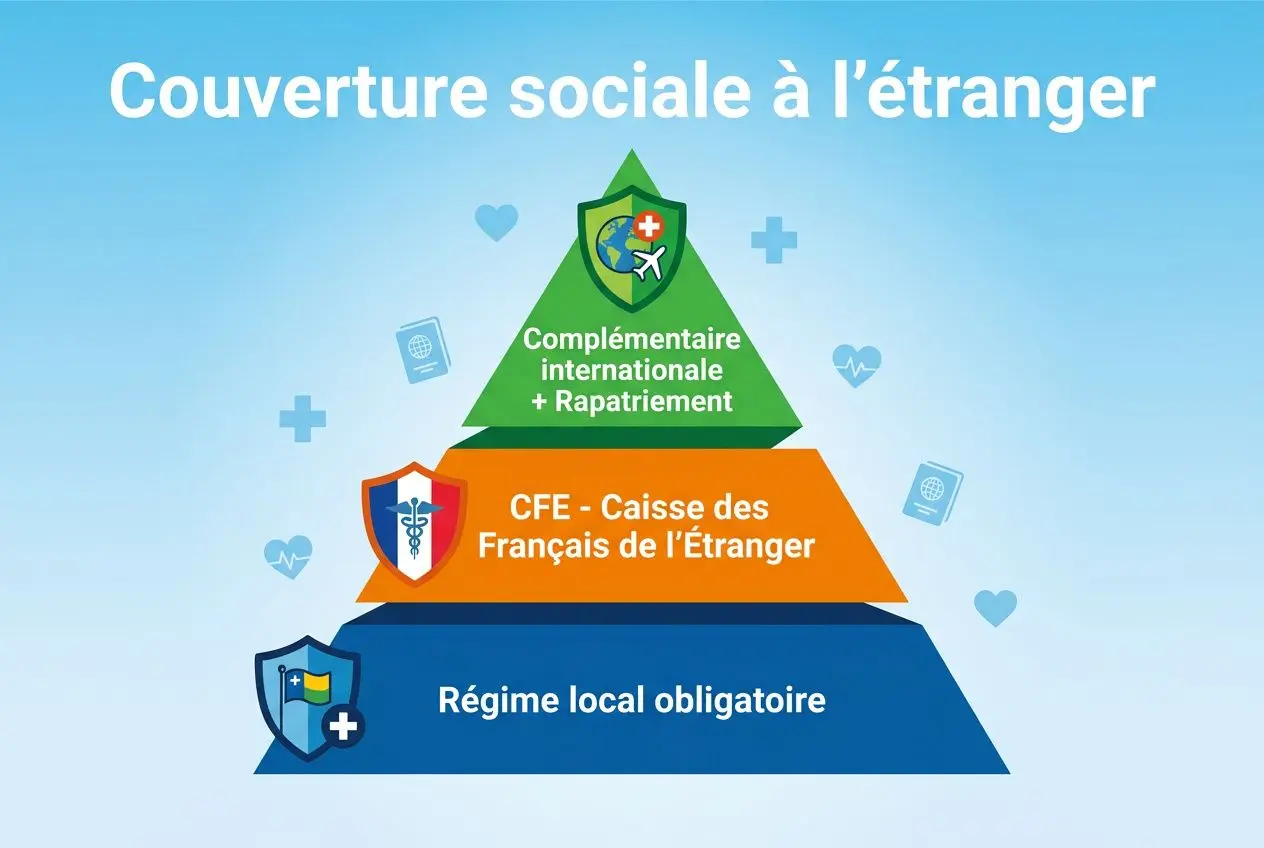 Couverture sociale à l’étranger, pyramide illustrant les options: régime local obligatoire, CFE et prestations internationales + rapatriement pour l’assurance maladie travailleur expatrié.