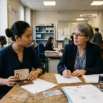 Deux femmes discutant à un guichet administratif, l’une tenant un passeport et documents; ambiance de bureau public, dossiers et ordinateurs visibles. intégré: comment travailler en france pour un étranger.