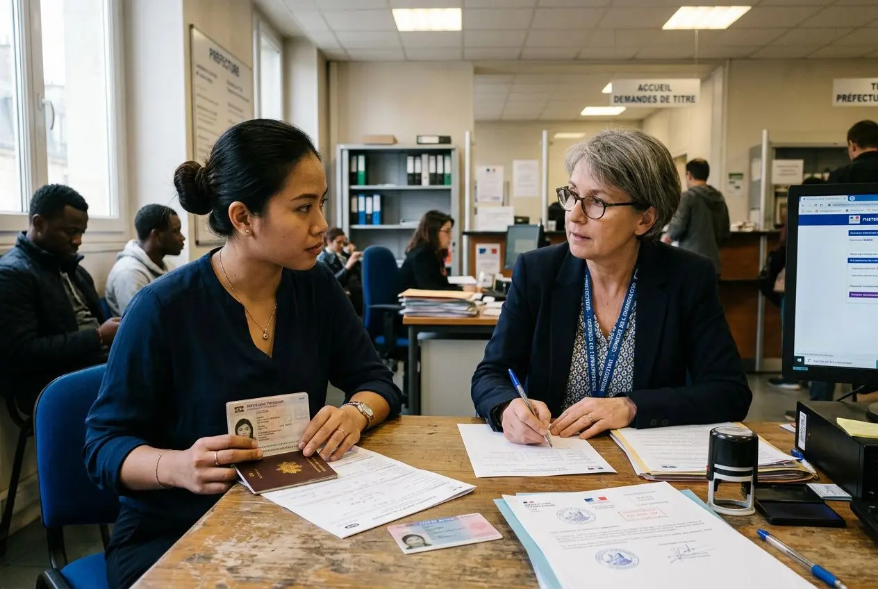 Deux femmes discutant à un guichet administratif, l’une tenant un passeport et documents; ambiance de bureau public, dossiers et ordinateurs visibles. intégré: comment travailler en france pour un étranger.