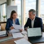 Deux professionnels discutant et examinant des documents, avec un laptop et des fiches sur la table, en intérieur lumineux. intégrant le sujet : comment détacher un salarié.