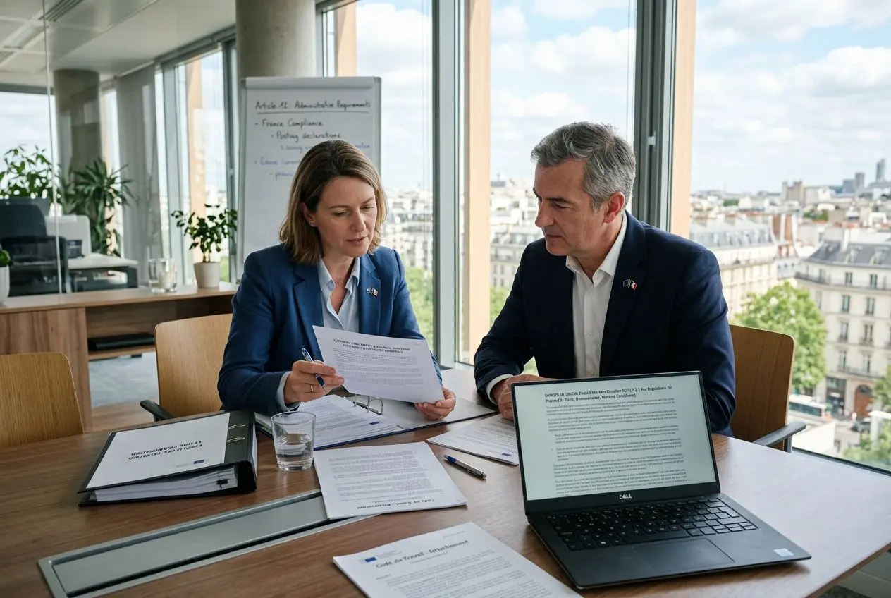 Deux professionnels discutant et examinant des documents, avec un laptop et des fiches sur la table, en intérieur lumineux. intégrant le sujet : comment détacher un salarié.