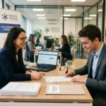 Deux professionnels en entretien dans un bureau, échange de documents et signature, ambiance professionnelle et slogan France Travail en arrière-plan. Avantages d'un cdi en intérim.
