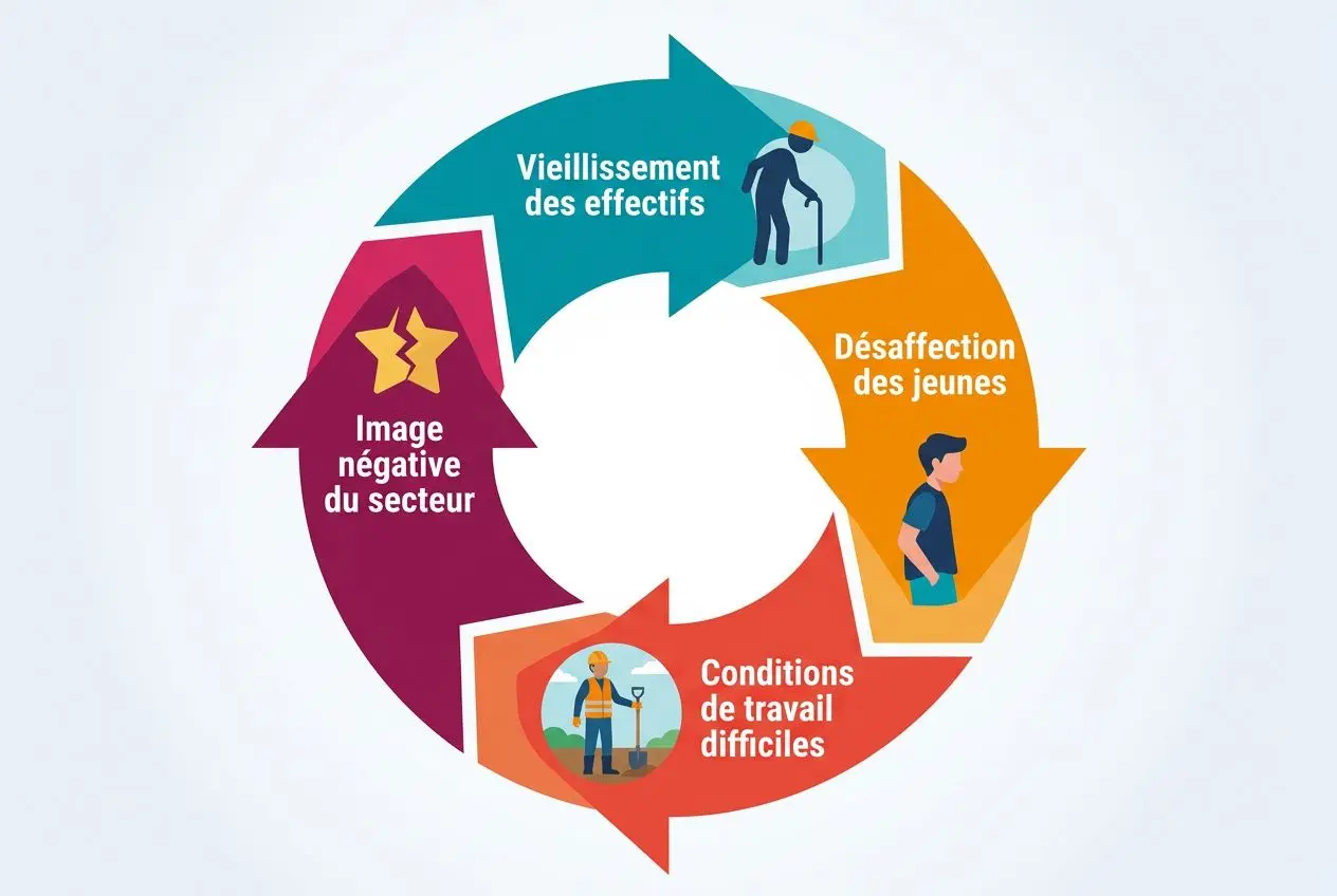 Diagramme circulaire sur les causes et effets de la pénurie main d'oeuvre BTP, avec des segments: vieillissement des effectifs, désaffection des jeunes, conditions de travail difficiles et image négative du secteur.