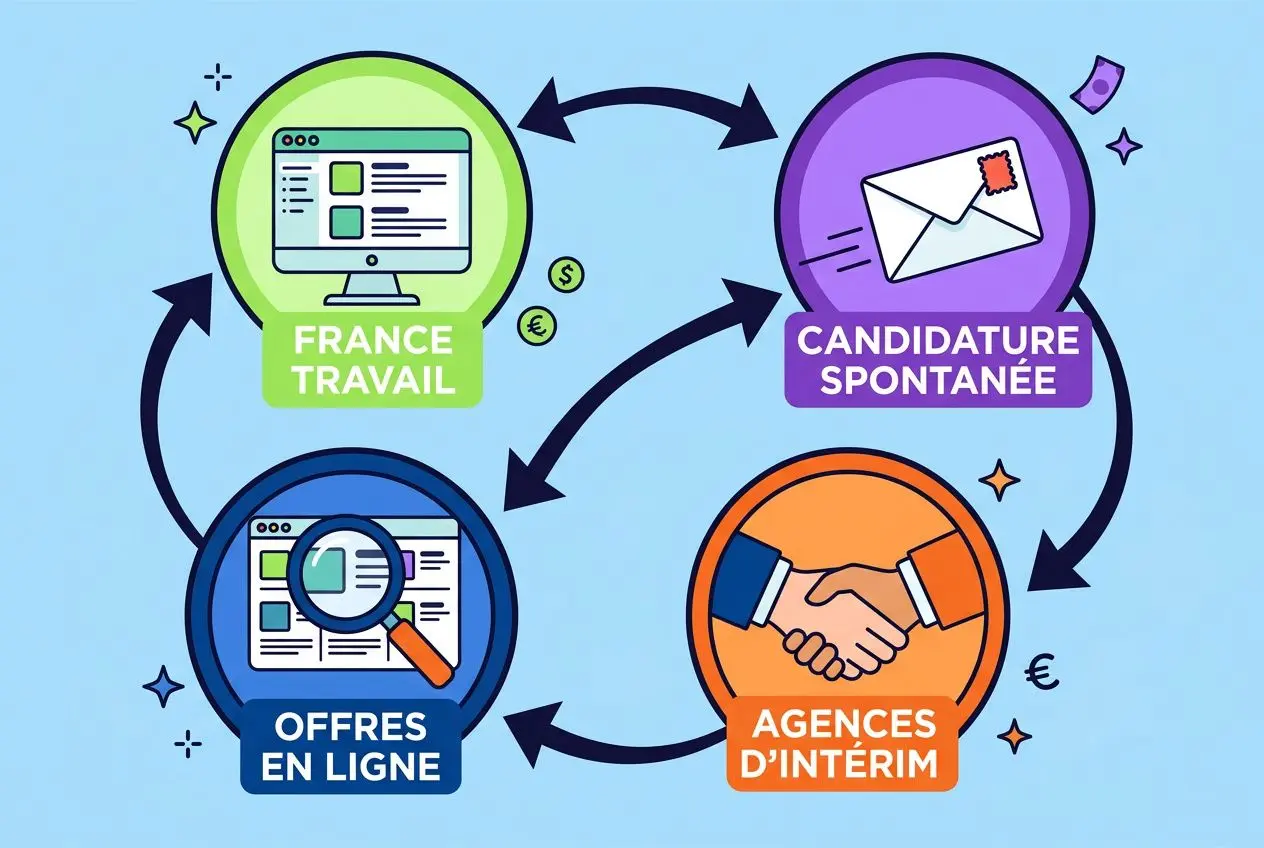 Diagramme circulaire: "France Travail", "Candidature spontanée", "Offres en ligne" et "Agences d’intérim" illustrant les démarches pour trouver un travail en France., intégré: comment travailler en france pour un étranger est traité par le contexte.