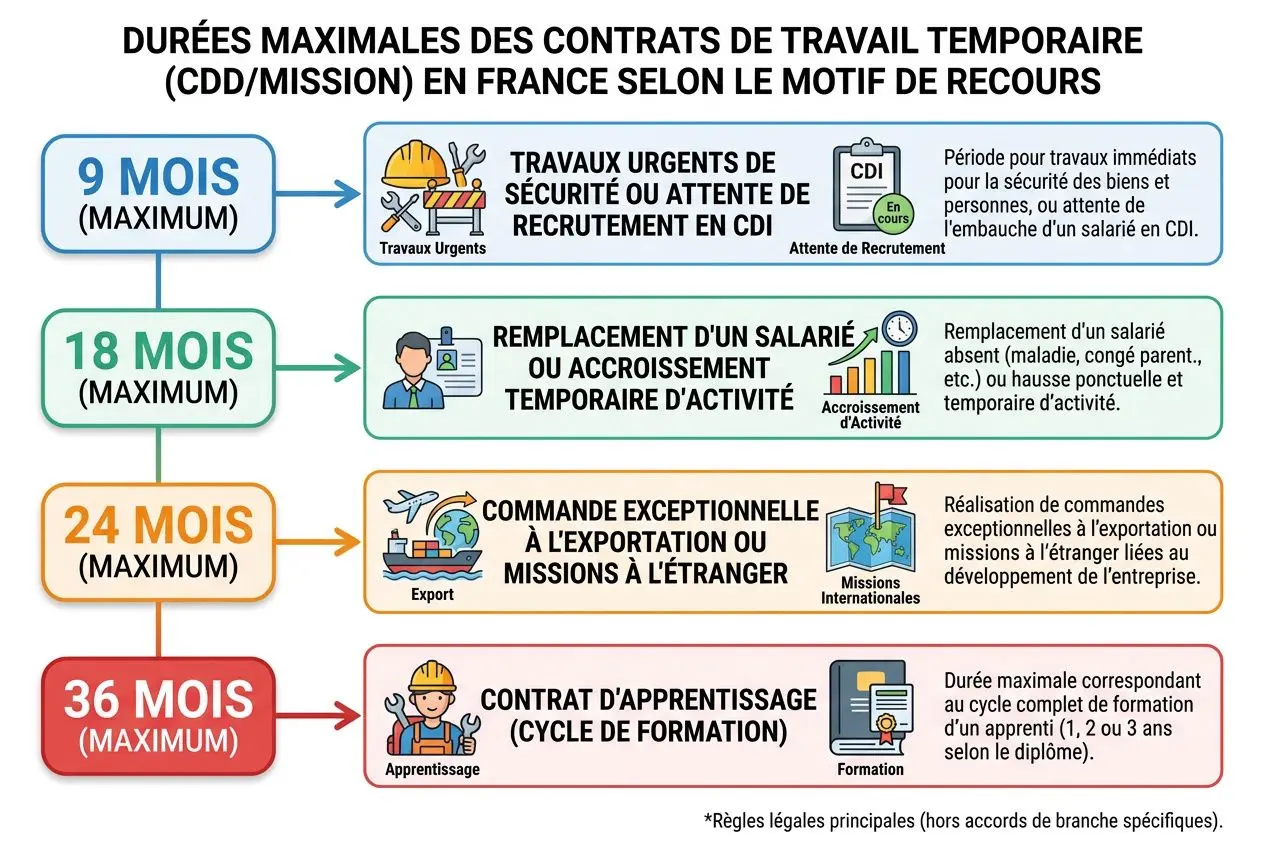 Durées maximales des contrats de travail temporaire (CDD/missions) en France selon le motif, avec quatre cases colorées décrivant: 9 mois pour travaux urgents en CDI; 18 mois pour remplacement ou accroissement temporaire d’activité; 24 mois pour commandes/export ou missions à l’étranger; 36 mois pour contrat d’apprentissage (cycle de formation). Contrat de travail temporaire interim.