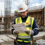 Homme sur un chantier BTP portant une casquette et gilet réfléchissant lit une fiche sécurité chantier btp, fond avec structures et travaux en cours.