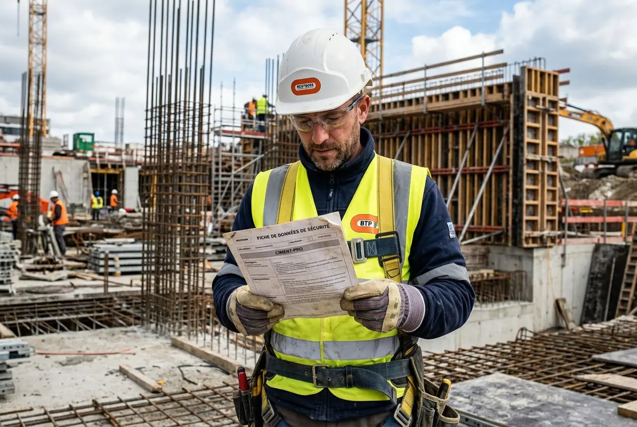 Homme sur un chantier BTP portant une casquette et gilet réfléchissant lit une fiche sécurité chantier btp, fond avec structures et travaux en cours.