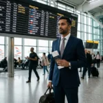 Homme d’affaires dans un aéroport, porte-documents à la main, prêt pour un départ; écran d’horaires et panneaux de gates en arrière-plan. Assure maladie travailleur expatrié intégré.