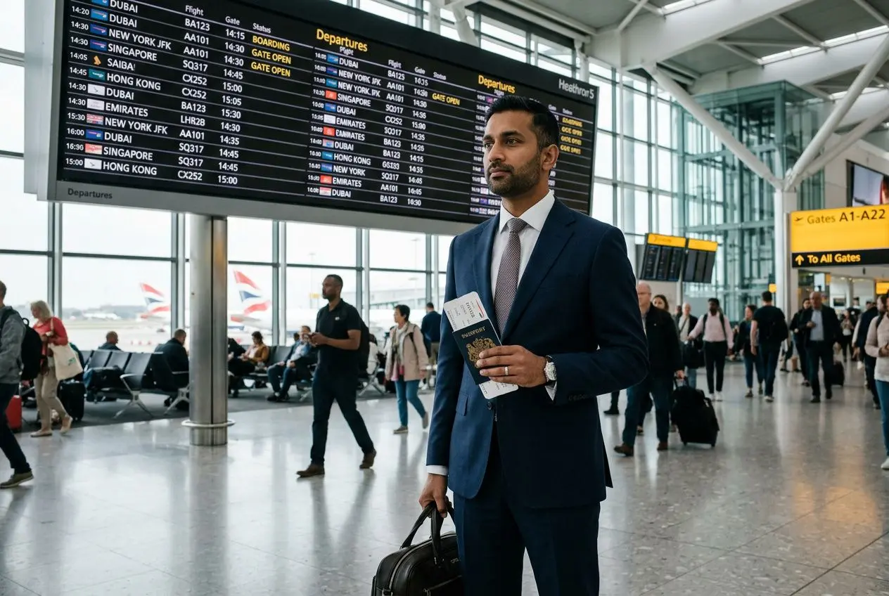 Homme d’affaires dans un aéroport, porte-documents à la main, prêt pour un départ; écran d’horaires et panneaux de gates en arrière-plan. Assure maladie travailleur expatrié intégré.