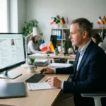 Homme d’affaires en bureau moderne consulté sur un écran, travaillant à l’ordinateur; drapeaux européens et internationaux en arrière-plan. agence recrutement main d oeuvre étrangère.