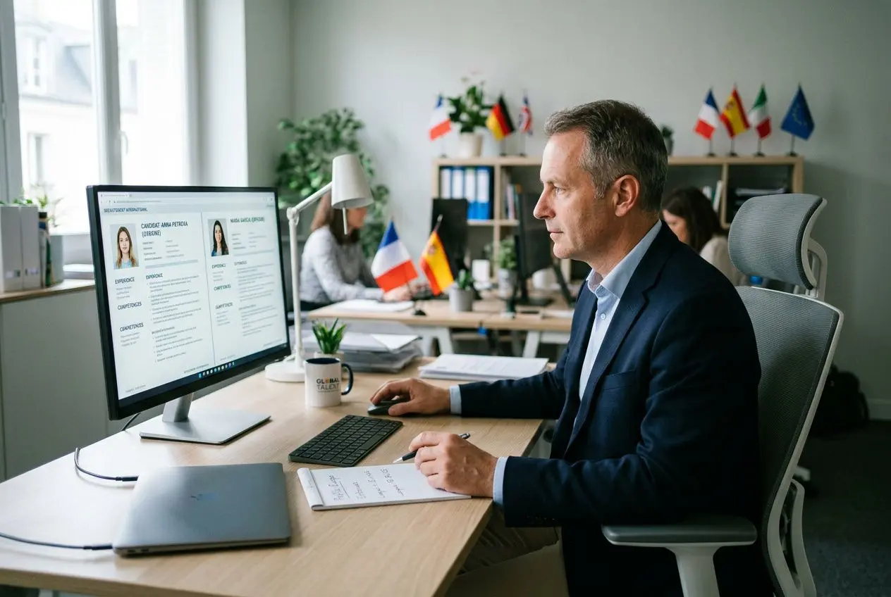 Homme d’affaires en bureau moderne consulté sur un écran, travaillant à l’ordinateur; drapeaux européens et internationaux en arrière-plan. agence recrutement main d oeuvre étrangère.