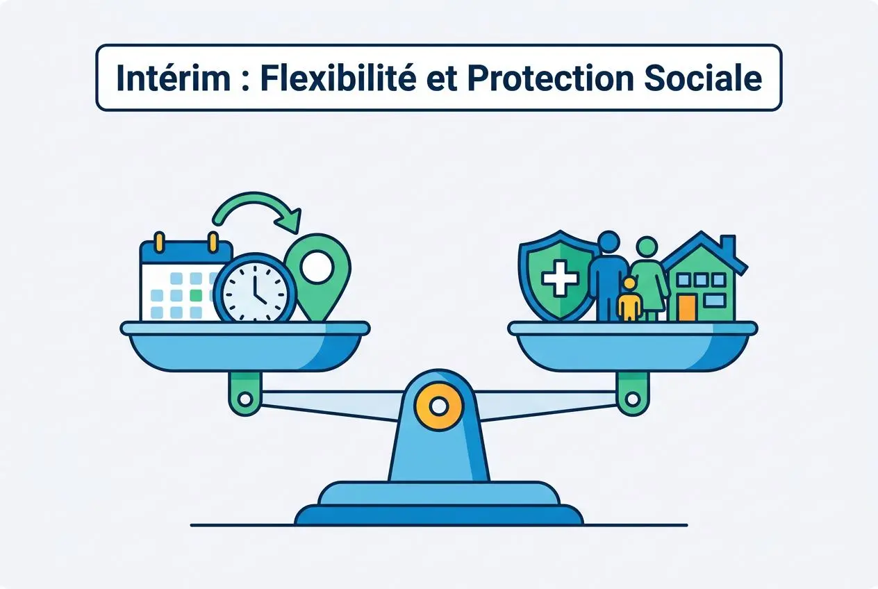 Intérim: équilibre entre flexibilité et protection sociale, avec icônes de calendrier, montre et famille sur une balance. Avantages de l'intérim.