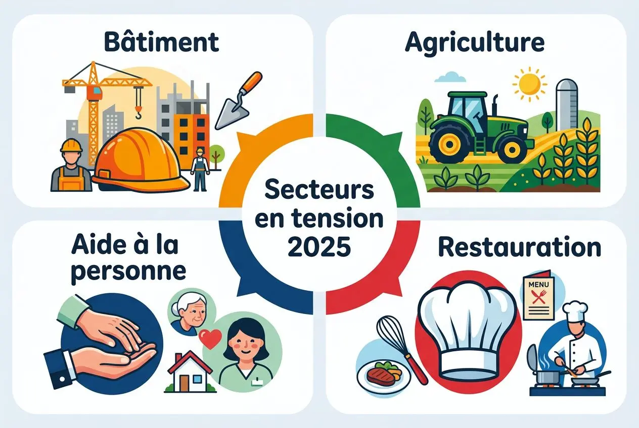 Secteurs en tension 2025 illustrant Bâtiment, Agriculture, Aide à la personne et Restaurant avec texte central « Secteurs en tension 2025 »