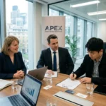 Trois professionnels en réunion d’affaires signent un contrat de travail temporaire interim dans une salle moderne.