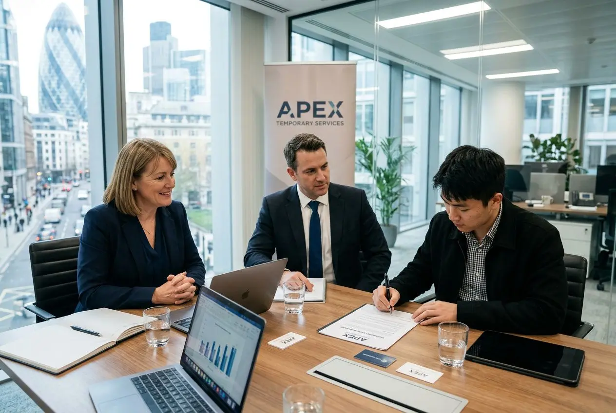 Trois professionnels en réunion d’affaires signent un contrat de travail temporaire interim dans une salle moderne.