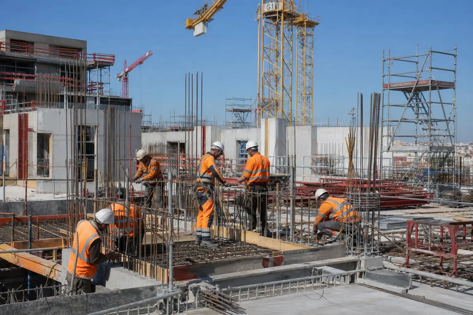 Chantier de construction avec ouvriers en vêtements orange et casques, ferraillage et grues en arrière-plan, illustrant les métiers du btp qui recrutent.