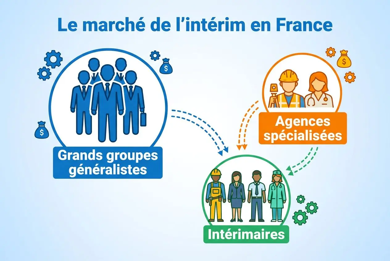 Comment fonctionne une agence de travail temporaire : illustration du fonctionnement entre Grands groupes généralistes, Agences spécialisées et Intérimaires.