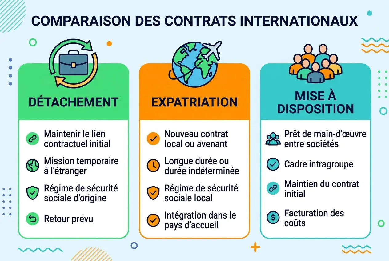 Comparaison des contrats internationaux avec détachement, expatriation et mise à disposition, illustrant éléments, durée et cadre juridique. contrat de travail international définition.