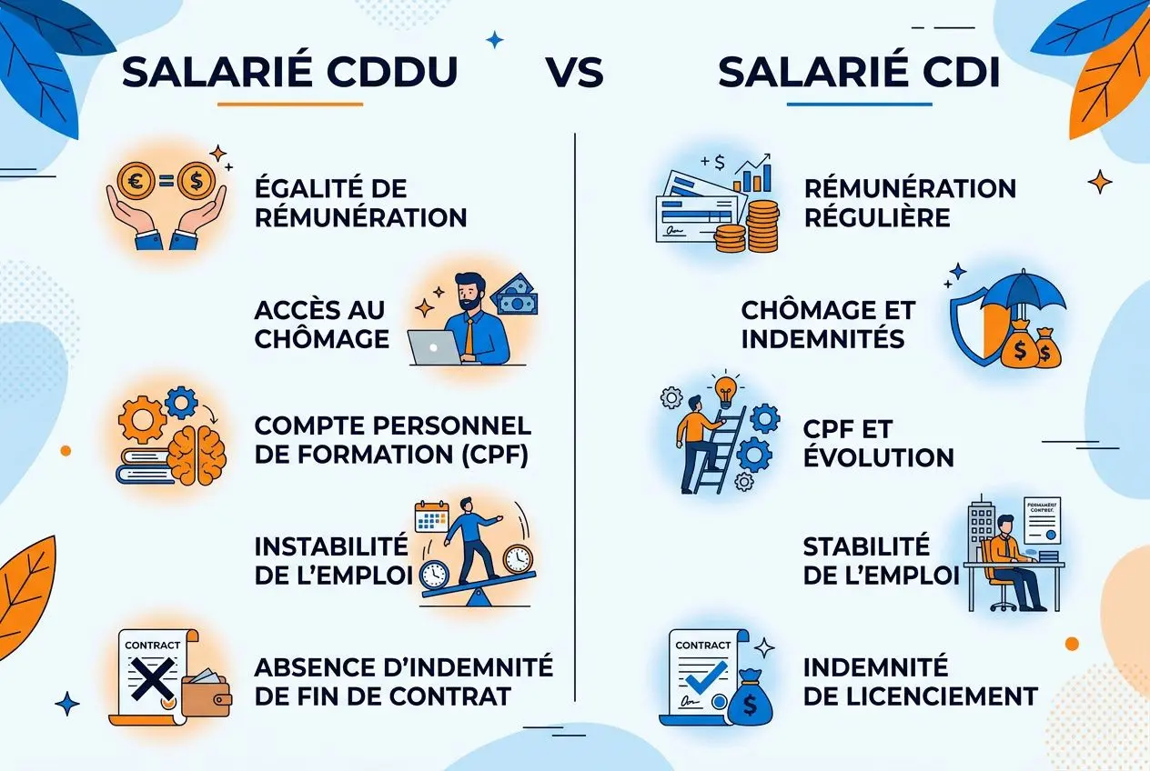 Comparatif CDDU et CDI: illustration montrant « Salarié CDDU » avec avantages et inconvénients, icônes et textes sur les points clés.