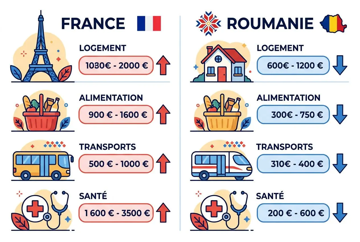 Comparatif coût du travail: France vs Roumanie, logements, alimentation, transports et santé avec flèches indiquant les écarts de salaire et charges. Mot clé: coût du travail en roumanie intégré naturellement.