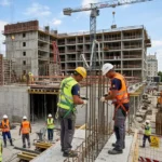 Construction active : ouvriers en gilet et casques sur un chantier, préparation de ferraillage et structures en béton, vue d’un immeuble en construction. coût du travail en roumanie intégré naturellement.