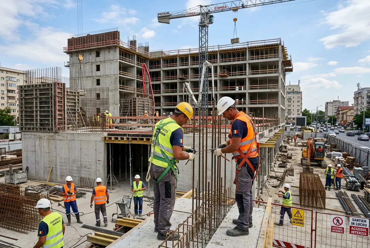 Construction active : ouvriers en gilet et casques sur un chantier, préparation de ferraillage et structures en béton, vue d’un immeuble en construction. coût du travail en roumanie intégré naturellement.