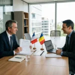 Deux hommes en réunion d’affaires signent ou examinent un contrat sur un tournevis table, avec drapeaux français et roumain sur le bureau.