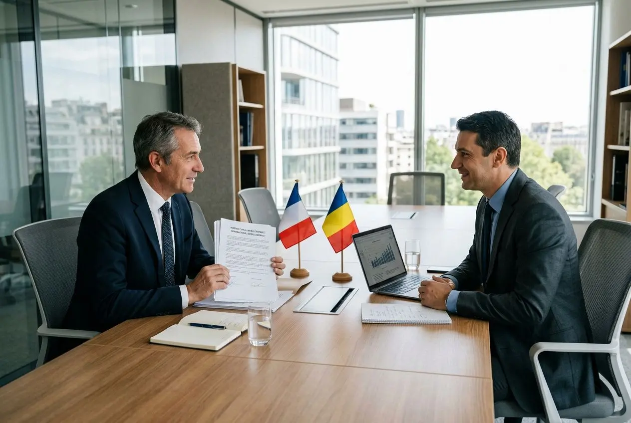 Deux hommes en réunion d’affaires signent ou examinent un contrat sur un tournevis table, avec drapeaux français et roumain sur le bureau.
