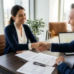 Deux personnes en entretien signent et se serrent la main autour d’un contrat, échange professionnel dans un bureau lumineux.