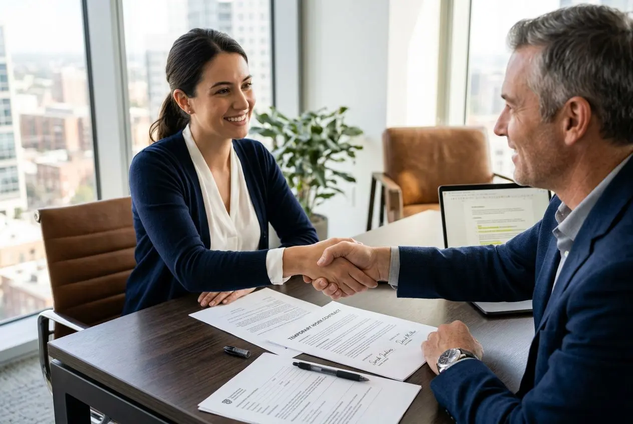 Deux personnes en entretien signent et se serrent la main autour d’un contrat, échange professionnel dans un bureau lumineux.