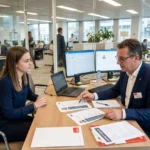 Deux professionnels en discussion dans un bureau, avec ordinateurs et documents sur la table, ambiance agence intérim belgique.