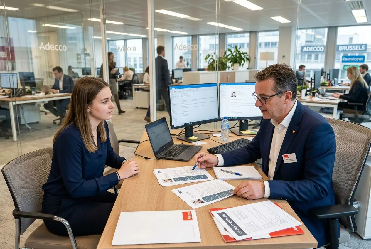 Deux professionnels en discussion dans un bureau, avec ordinateurs et documents sur la table, ambiance agence intérim belgique.