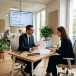 Deux professionnels en entretien dans un bureau clair, discutant autour d’un contrat avec documents et ordinateur.