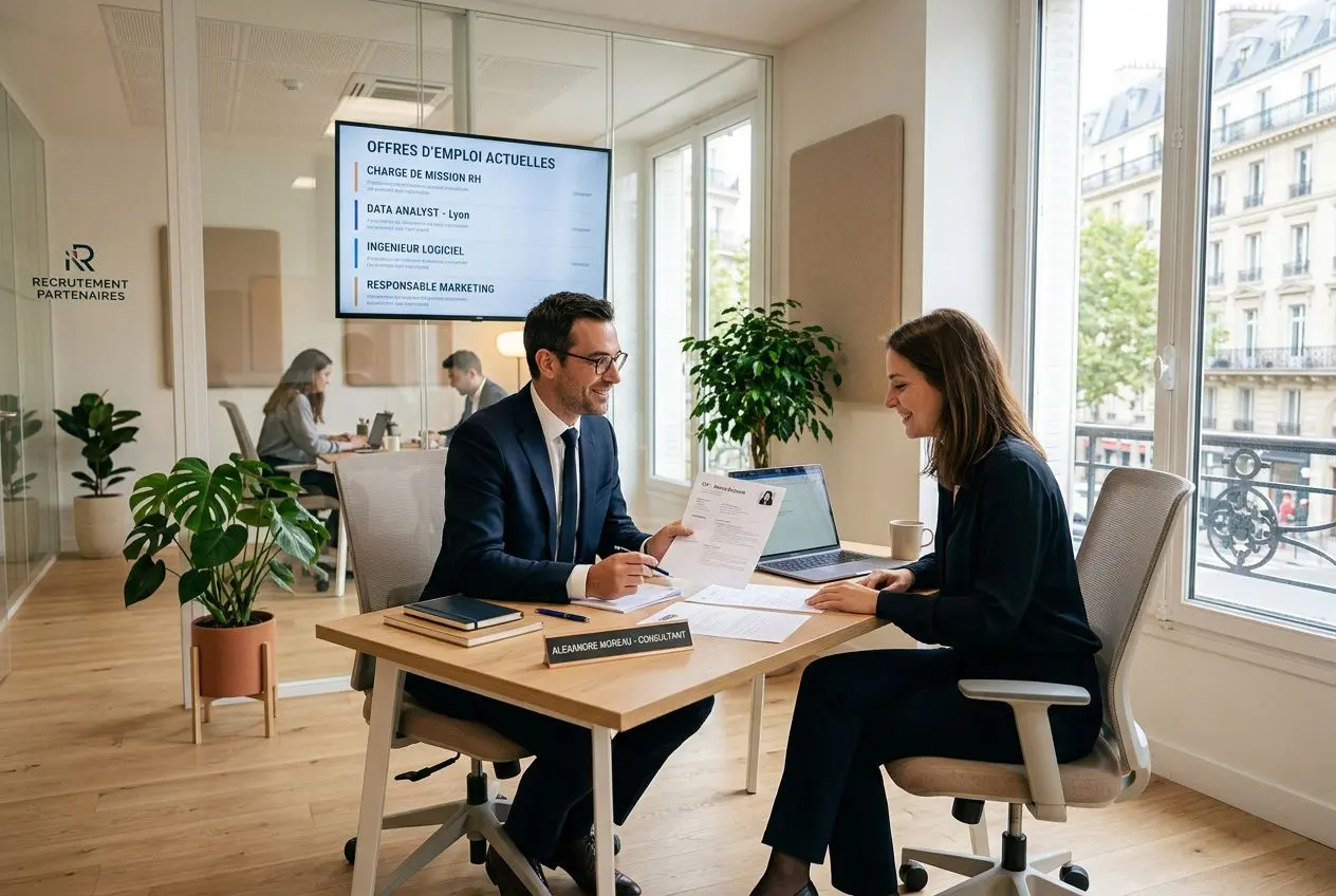 Deux professionnels en entretien dans un bureau clair, discutant autour d’un contrat avec documents et ordinateur.