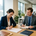 Deux professionnels en réunion signent des documents dans un bureau lumineux, évoquant des échanges sur un CDI intérimaire témoignage et ses enjeux.