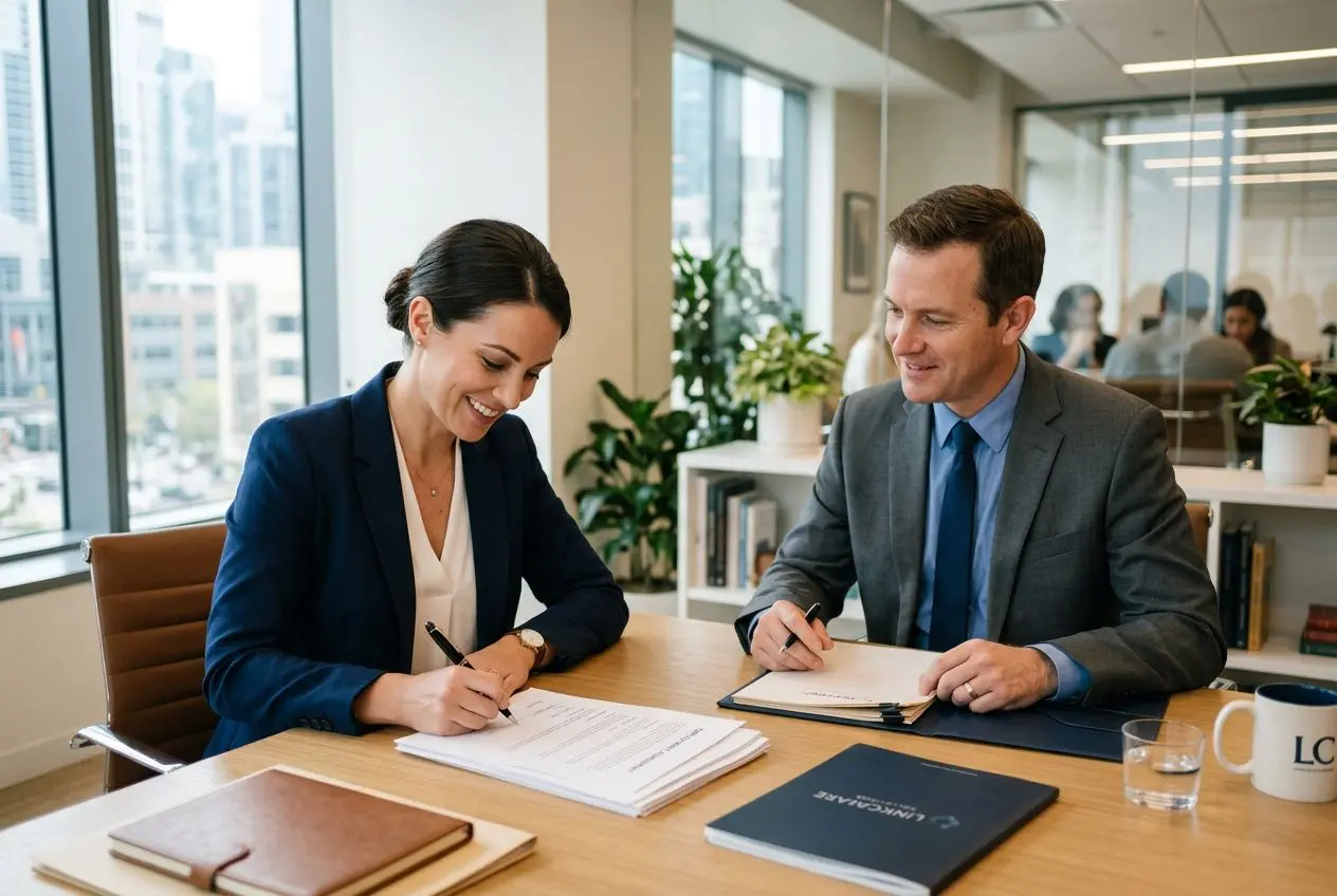 Deux professionnels en réunion signent des documents dans un bureau lumineux, évoquant des échanges sur un CDI intérimaire témoignage et ses enjeux.