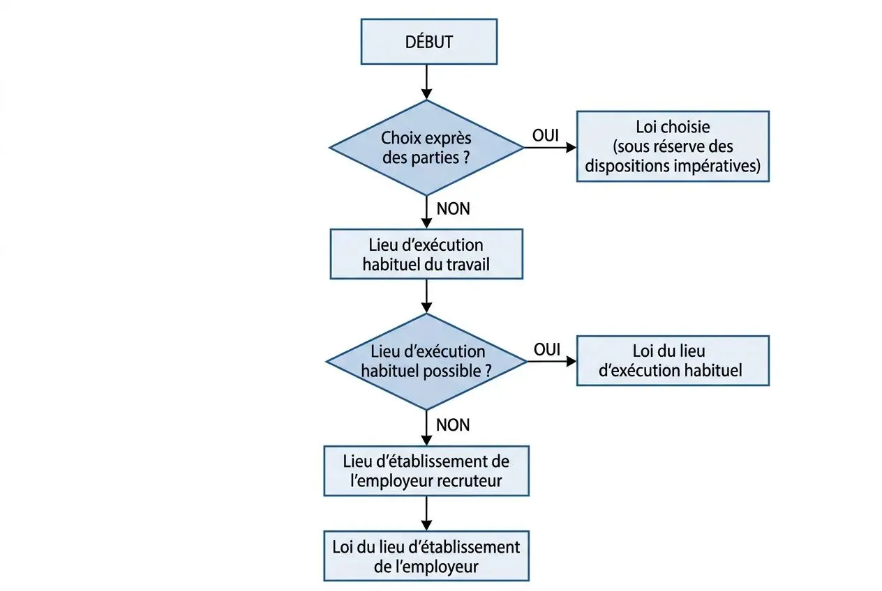Diagramme de décision sur le choix du lieu d’exécution du travail pour un contrat de travail international définition, avec les étapes: lieu habitualité et loi applicable, jusqu’au choix d’employeur.