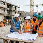 Groupe de travailleurs sur un chantier, examinant des plans lors de la planification, avec des casques et gilets de sécurité colorés.
