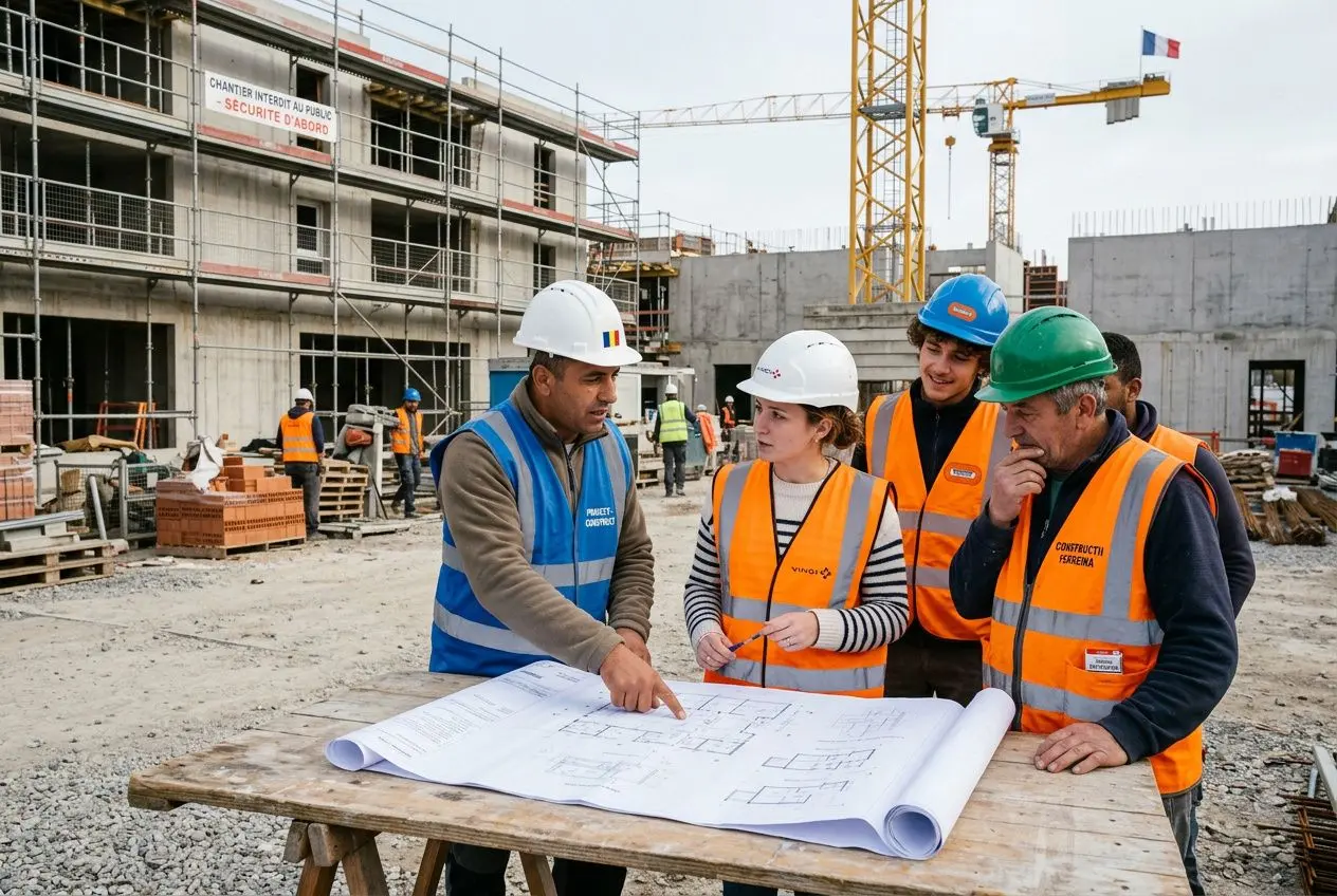 Groupe de travailleurs sur un chantier, examinant des plans lors de la planification, avec des casques et gilets de sécurité colorés.