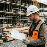 Homme sur un chantier, casque et gilet orange, rédigeant un formulaire sur un carnet à feuilles, bâtiment en construction en arrière-plan. congés payés contrat interim intégrés naturellement.