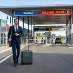 Homme d’affaires allemand, français ou belge devant une frontière France-Belgique, mallette et valise en voyage, panorama de postes frontière bilingues. travaillé en belgique et vivre en france.