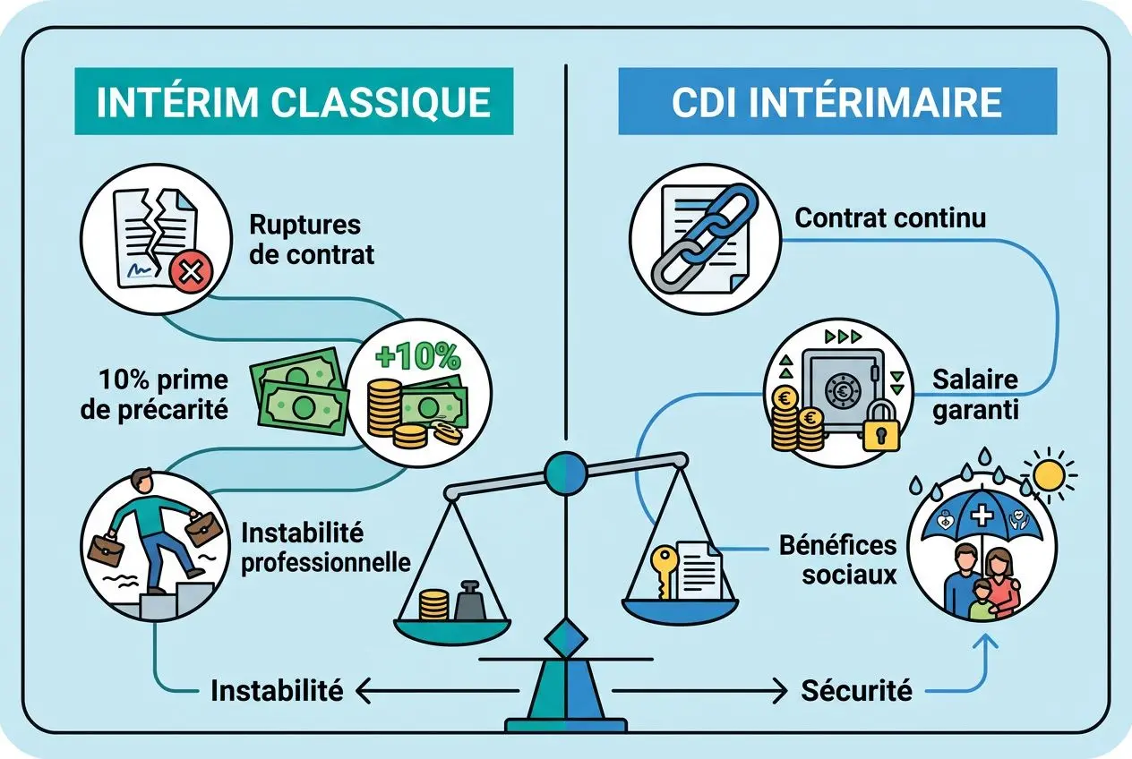 Illustration comparant intérim classique et CDI intérimaire: balance avec icônes - CDI intérimaire: contrat continu, salaire garanti, bénéfices sociaux; côté droit léger sécurité. Texte intégré: CDI intérimaire témoignage.